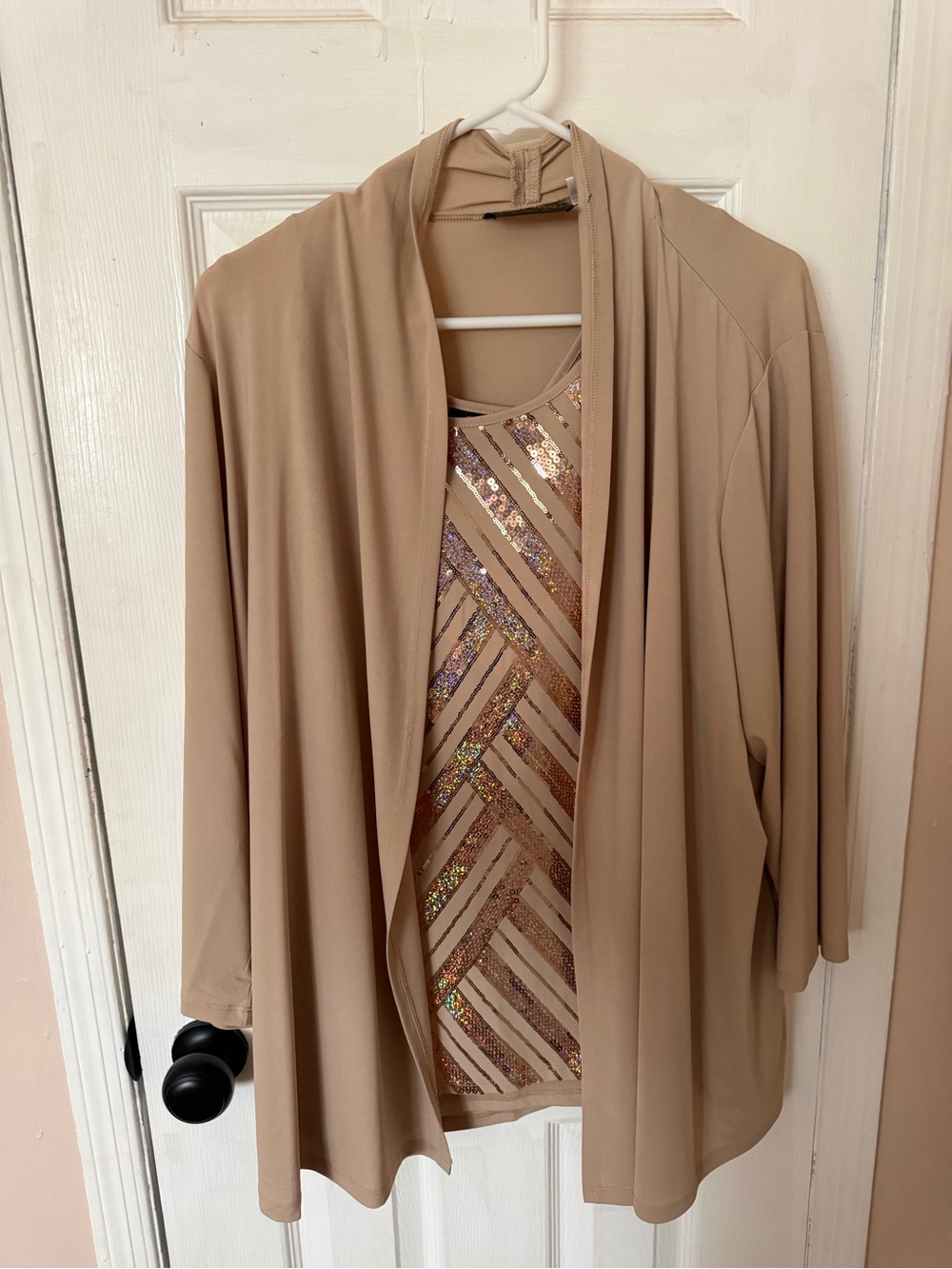 NWT Bob Mackie wearable at Beige Women’s Open-Front 3/4 jacket with Sequin Tank